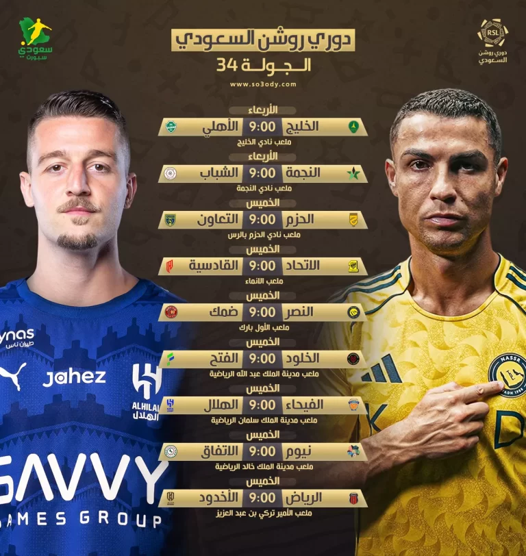 مباريات الجولة 34 من دوري روشن السعودي.. النصر والهلال وليلة "حسم" تاريخية